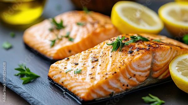 Fototapeta Grilled salmon fillets garnished with herbs and lemon slices on dark background, perfect for healthy eating concepts and culinary presentations.