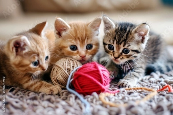 Fototapeta group of kittens playing with ball of yarn, group of kittens playing with ball of yarn