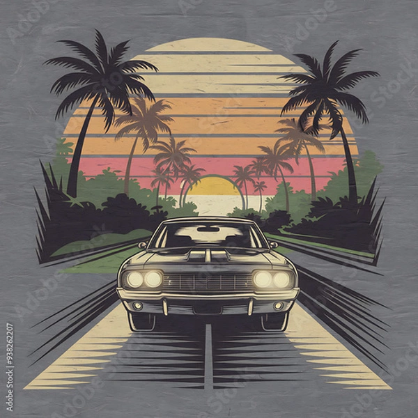 Fototapeta car with sunset and retro-style palm vector t shirt design 