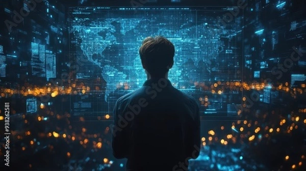 Fototapeta data visualization concept businessman analysing holographic charts and graphs futuristic office setting cool blue tones with glowing elements