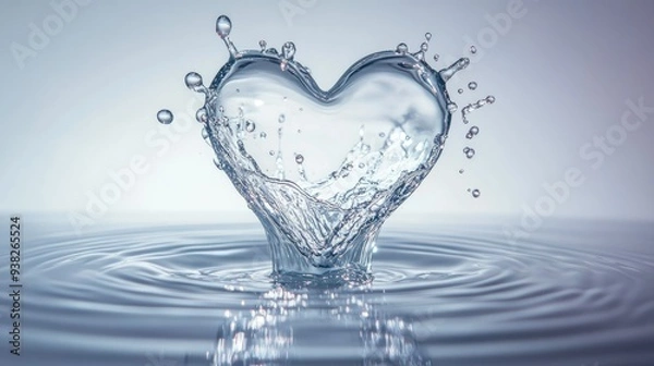Obraz Heart-shaped water drop splashing on a white surface, with soft ripples spreading outwards.
