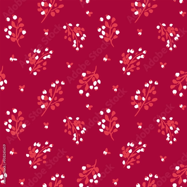 Fototapeta All over vector seamless repeat pattern with ditsy tossed white and red flowers on cranberry background. Christmas ditsy floral backdrop in cheerful reds.