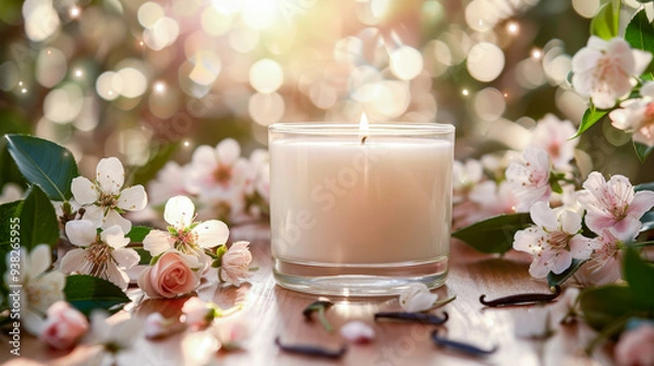 Fototapeta A soothing scented candle exudes inviting aromas of flowers and vanilla, among fresh blooms under soft, shimmering sunlight. Mock up, copy space