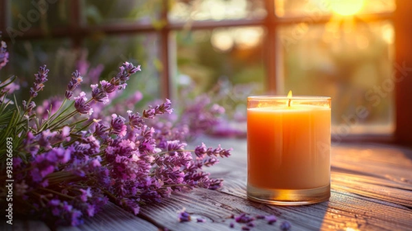 Obraz A glowing candle emits a soothing lavender aroma, elegantly positioned next to fresh lavender blooms. The warm light of sunset filters softly through the window. Mock up candle, copy space