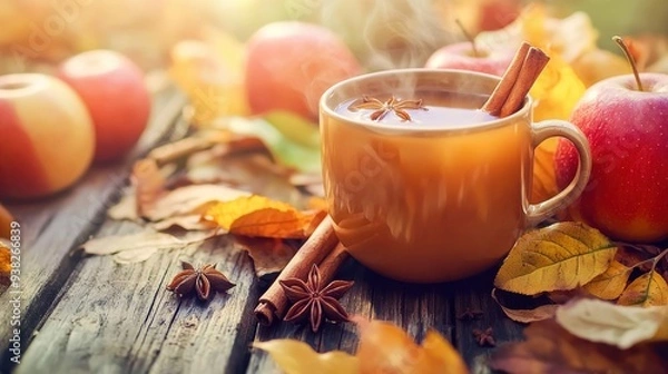 Fototapeta A steaming mug of hot apple cider with cinnamon sticks and star anise, surrounded by apples and autumn leaves on a rustic wooden table.

