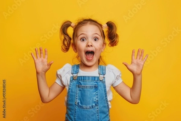 Fototapeta A young girl posing with a playful expression and using her hands to create a comedic effect