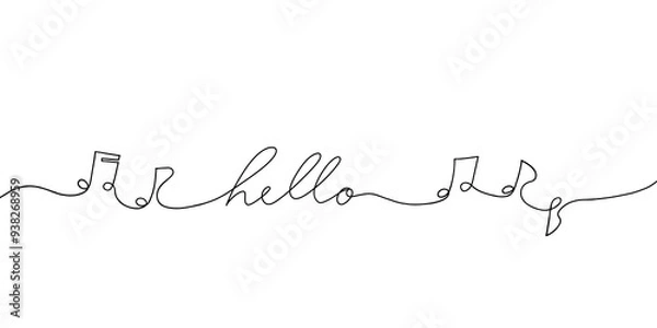 Obraz Music notes and hello word in continuous line art drawing. One line art banner for music school. New year party art isolated on white background. Musical symbol in one linear minimalist style.