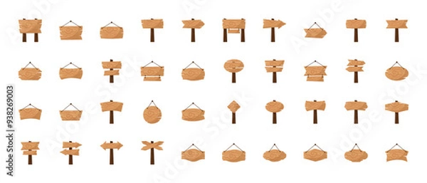 Obraz Cartoon wooden sign board art vector illustration. Textured templates of billboards, rustic announcement signs. Cartoon game arrow, board and panel. Wood circles, rectangles planks hanging by ropes.