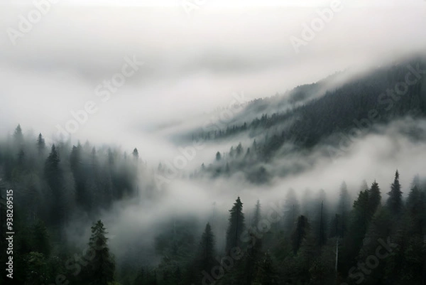 Fototapeta A forest filled with lots of trees covered in fog