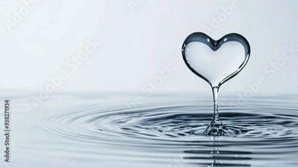 Obraz Water drop forming a heart, with ripples extending on a pure white background with copy space.
