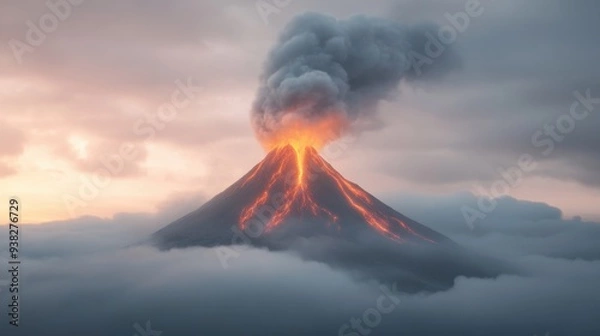 Fototapeta A volcano with a large cloud of smoke and ash rising from it
