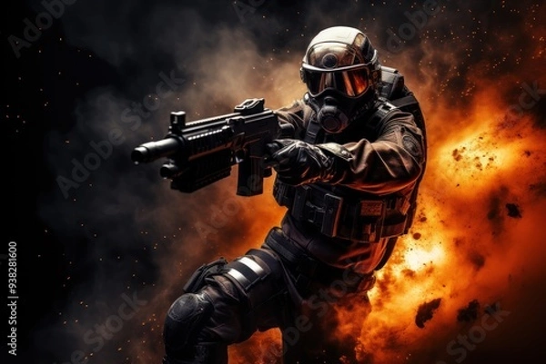 Fototapeta A soldier in a gas mask aims a pistol against the background of an explosion.