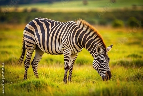 Fototapeta A zebra grazing peacefully in a field at a tilted angle, serene, outdoors, wildlife, striped,zebra, herbivore, nature, horizontal, animal, grass, safari, tranquil., tilt, angle, grazing