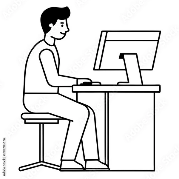 Fototapeta Young Man at Desktop Computer art vector illustration