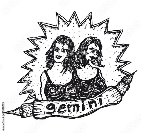 Fototapeta Hand drawn Gemini horoscope sign with banner