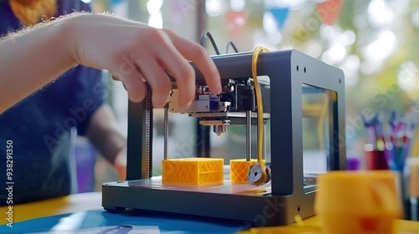 Fototapeta A close-up of a person's hand operating a 3D printer, showcasing the creation of vibrant yellow plastic models in a bright, creative workspace. 