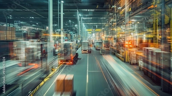 Fototapeta A dynamic and blurred view of trucks transporting goods in a busy warehouse environment, showcasing the hustle of logistics and shipping operations. 