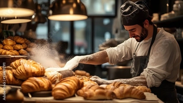 Fototapeta A traditional French bakery with croissants and baguettes fresh out of the oven, a baker dusting powdered sugar on pastries. A baker skillfully prepares fresh croissants in a warmly lit artisan bakery