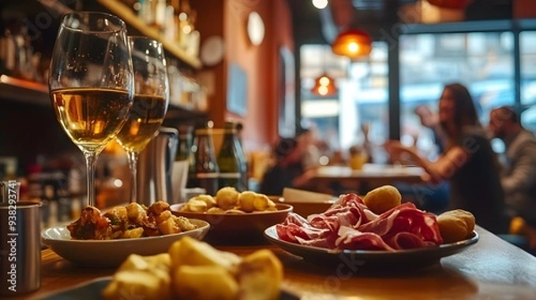Fototapeta A traditional Spanish tapas bar with small plates of patatas bravas, jamón ibérico, and a glass of sangria, with lively conversation in the background. A beautifully arranged table featuring two glass