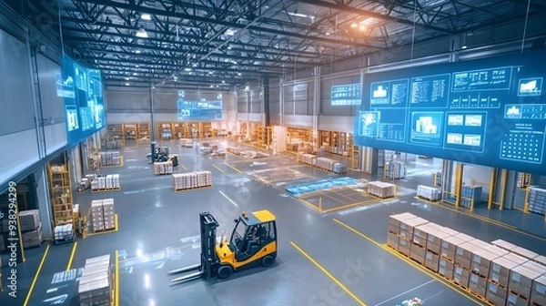 Fototapeta A modern warehouse interior showcasing a forklift navigating through organized pallet stacks, with digital interface displays highlighting operational data. 