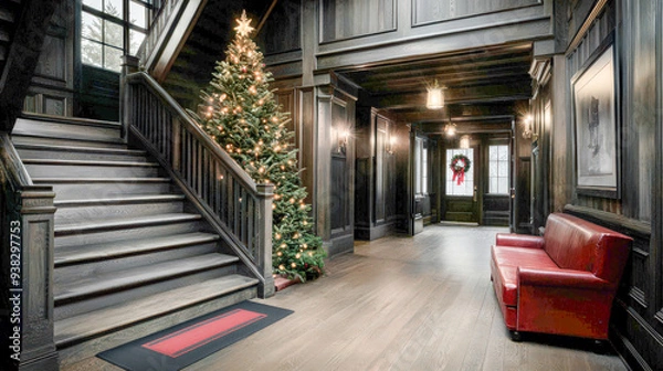 Fototapeta Elegance of the Holiday Season A Luxurious Interior Adorned with a Majestic Christmas Tree Illuminating the Room with Festive Warmth and Timeless Sophistication