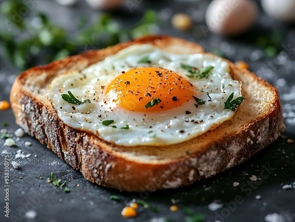 Fototapeta eggs served on bread, set against a kitchen background.