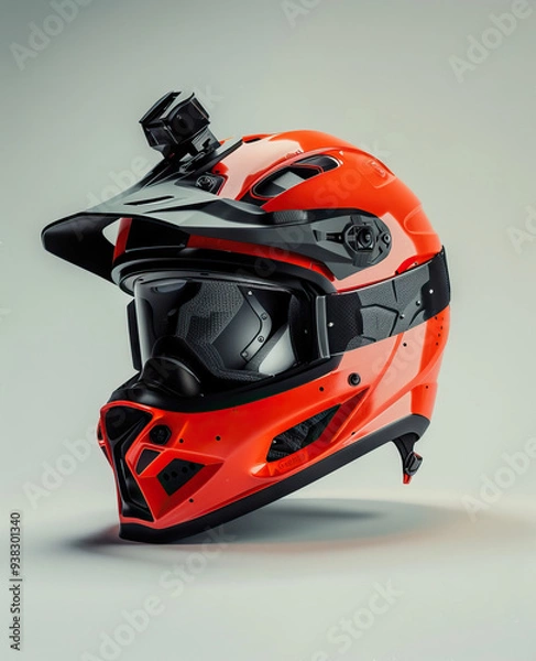 Fototapeta Helmet placed on motorcycle seat next to black and white leather jacket. Grey headdress rests on top, contrasting with sports equipment in the background.