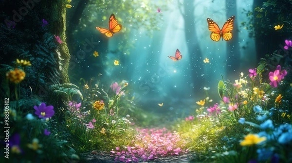 Fototapeta A forest with a path and butterflies flying around