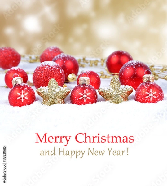 Fototapeta Colorful christmas decoration baubles on white with space for text