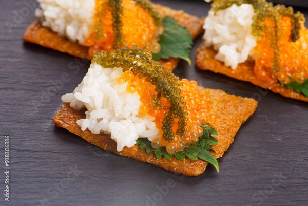Obraz Inari sushi with caviar, rice, shiso and umibudo