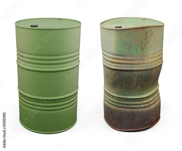 Fototapeta New barrel for oil and an old rusty barrel next. 3d.
