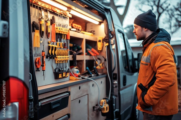 Fototapeta An electrician standing next to a fully equipped work van, showcasing the organization and readiness of their tools and equipment.