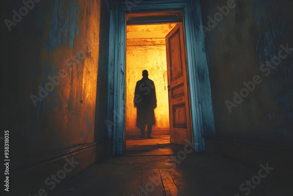 Fototapeta Haunting Presence in the Doorway, a chilling silhouette looms in the entryway of an eerie, abandoned house, evoking a sense of dread and mystery in the dimly lit surroundings.