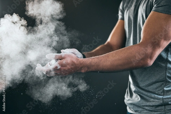 Fototapeta Fitness, athlete and hands with powder in gym for exercise grip, muscle training and workout routine. Bodybuilder, person and chalk dust at sports center for weightlifting practice and preparation