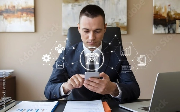 Fototapeta A photo of a businessman doing due diligence. He is using his smartphone and there is a due diligence icon on the virtualscreen.