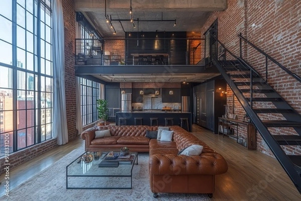 Obraz Modern industrial living room with exposed brick and sleek design elements in an urban loft setting