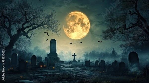 Obraz Eerie Graveyard Under Full Moon on White Background
