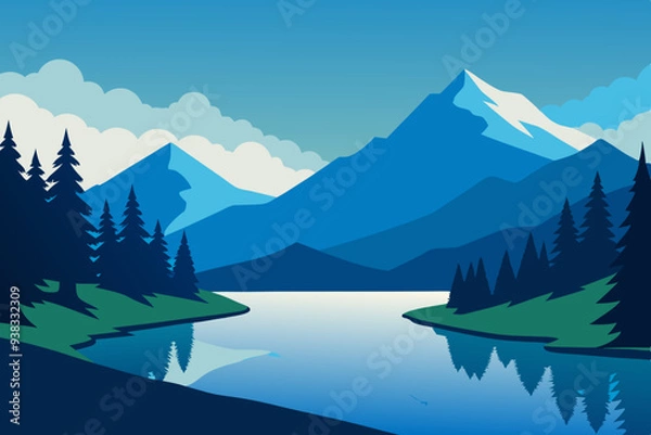 Fototapeta Serene Mountain Lake Framed by Lush Trees and Grass art vector illustration