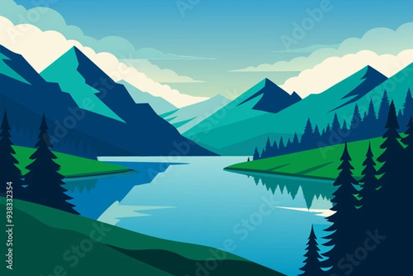 Fototapeta Serene Mountain Lake Framed by Lush Trees and Grass art vector illustration