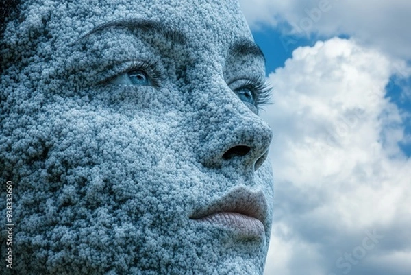 Fototapeta Surreal stone face blending with clouds, showcasing artistic representation of nature and human unity under a blue sky.