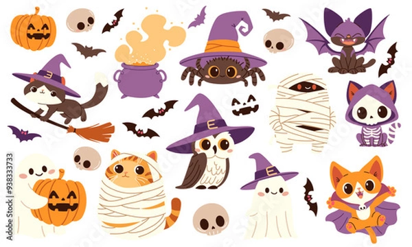 Fototapeta Vector set of cute Halloween illustrations. Cats in different costumes mummy spider ghosts dracula witch owl bat skeletons pumpkin. . Vector illustration