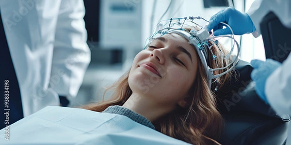 Fototapeta Modern neurological health, brainwave treatment, cutting-edge medical technology, futuristic clinic, high-tech neurology lab, advanced brainwave therapy