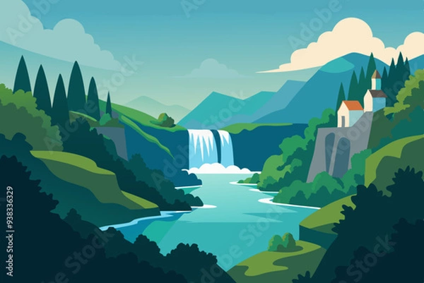 Fototapeta Serene Krka National Park Lush Greenery and Cascading Waterfalls art vector illustration