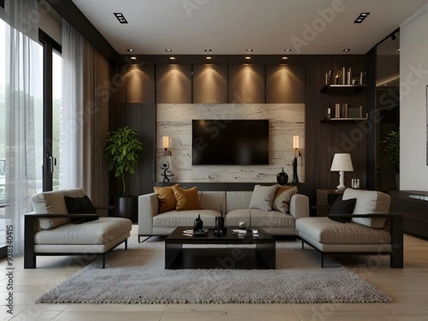 Fototapeta modern living room with fireplace and luxury interior 