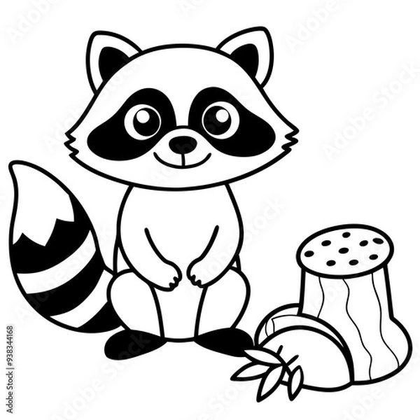 Fototapeta Cartoon Raccoon with Leaf by Tree Stump and Mushrooms Art vector illustration