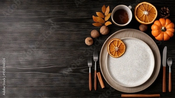 Fototapeta   A white plate holds an orange slice beside a mug of coffee and utensils on a wooden tabletop