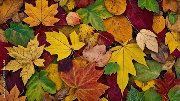 Fototapeta A colorful pattern of autumn leaves on the ground showing a variety of color
