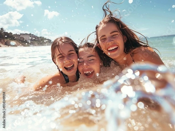 Fototapeta A group of three young girls splashes playfully in the water, enjoying their summer vacation at the beach and radiating joy and laughter.