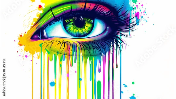 Fototapeta An eye, pop art in the style of gary doger, dripping neon colors on a white background