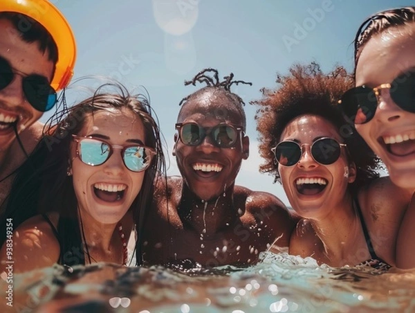 Fototapeta Group of multi ethnic friends, wearing eyeglasses, enjoying their summer vacation at the beach, swimming in sea and looking at camera, enjoying and having fun.